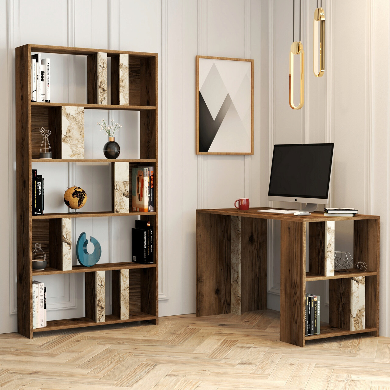 Set birou si biblioteca, Hanah Home, Lima, Nuc/Alb - imagine 4